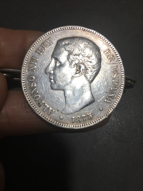 Pièce Argent Espagne ALFONSO XII 1875, 5 Pesetas , Montée En Broche