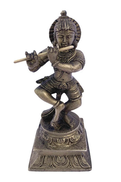 Brass Krishna Statue Hindu Lord God Idol Sculpture Figurine Flute Old Vintage