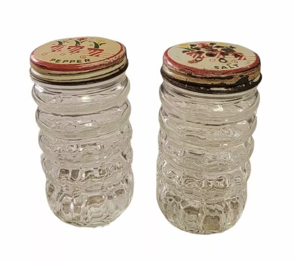 Vtg Hoosier-Style Glass with Tulip Lids Salt Pepper Shakers Green Red Yellow