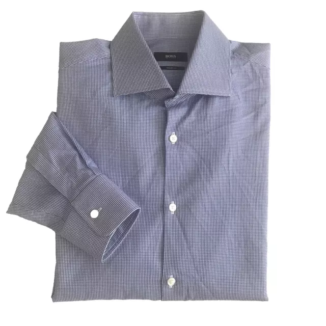 Hugo Boss Dress Shirt Sharp-Fit Blue White Check Cotton Spread Collar 16R 32/33