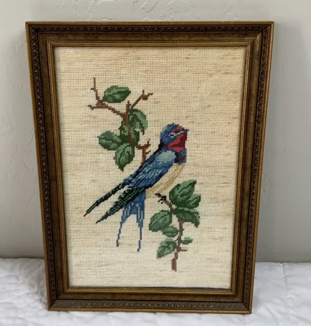 Vintage Framed Needlepoint Tapestry, Wood Frame, Blue Bird In Branch, Leaves