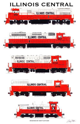 Illinois Central Locomotives 11"x17" Railroad Poster by Andy Fletcher signed