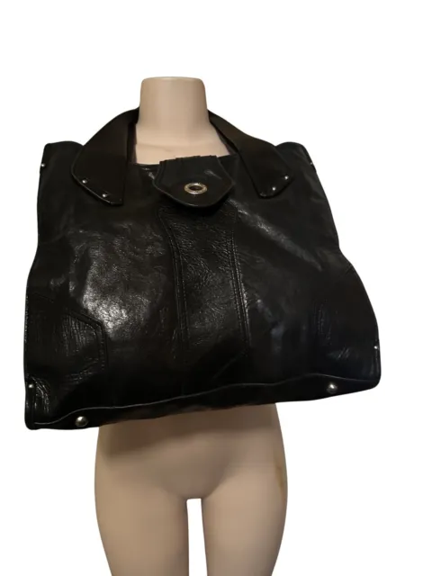 PERLINA Dual Studded Handle Black Shiny Leather Large Sectional Hobo Handbag EUC