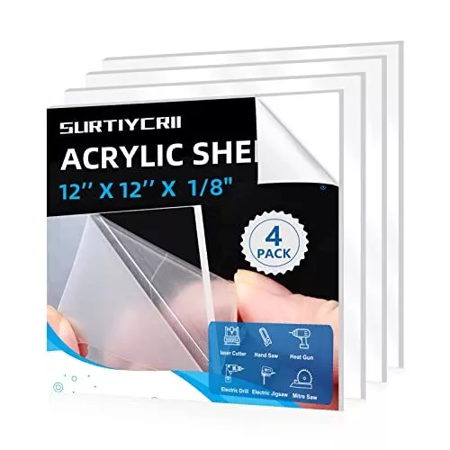 4pack 12"x12"1/8"Thick Cast Acrylic SheetsClear Acrylic Sheet Transparent Pla...