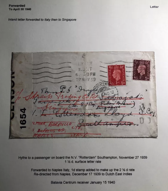 1939 Hythe England Censored WW2 Cover To Naples Italy Then To Singapore