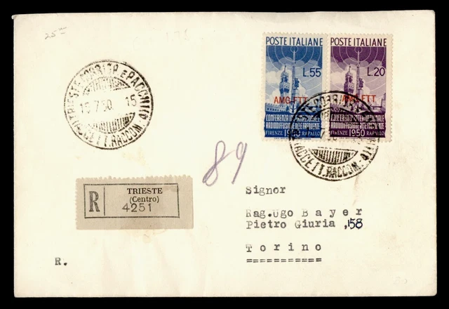 DR WHO 1950 ITALY TRIESTE AMG-FTT OVPT REGISTERED TO TORINO  i92779