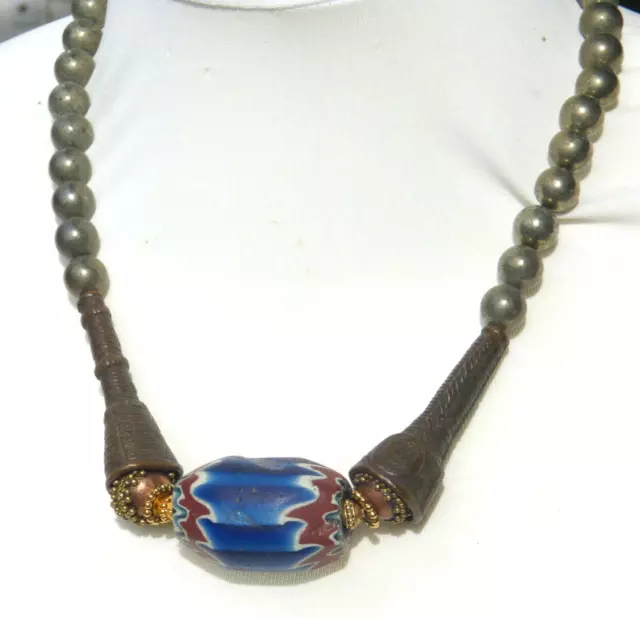 Antique Venetian Seven Layer Chevron Glass Bead Necklace with TIV Bronze Tubes