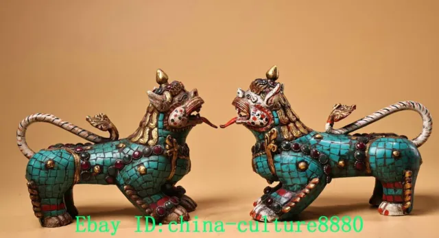 Antique bronze turquoise corail gemme Feng Shui Dragon brave wuxin
