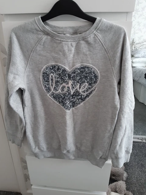 Girls sweatshirt from NEXT age 9, grey with sequin heart, worn
