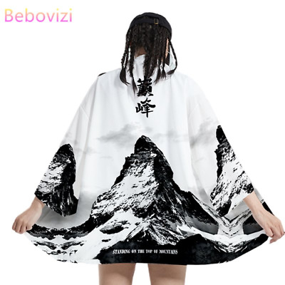 2022 Mountain Peak Print Japanese Traditional Kimono Men Beach Cardigan Yukata
