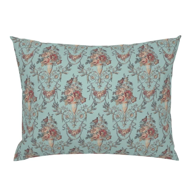 Edith Roses Blue French Toile Brocade Shabby Chic Pillow Sham by Spoonflower