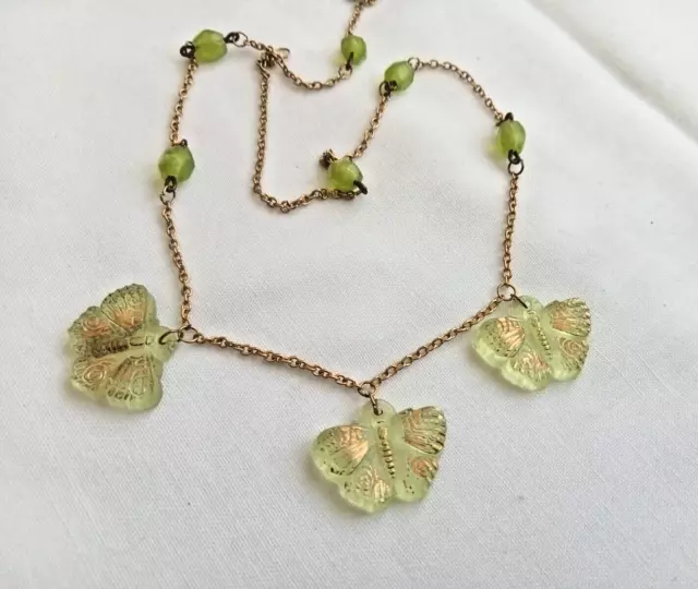 Vintage Pale Green Glass Butterfly Necklace