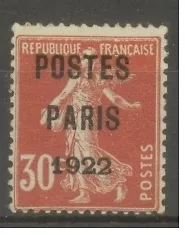 FRANCE STAMP TIMBRE PREOBLITERE N°32 "SEMEUSE 30c ROUGE-POSTES 1922" NEUF (x) TB