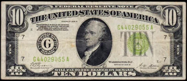 1928B Chicago $10 "Gold on Demand" Light Green Seal Federal Reserve Note VF