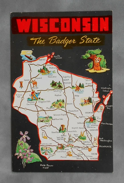 1950S WISCONSIN STATE Map Icons Landmarks Flower Violet The Badger State WI PC $3.39 - PicClick
