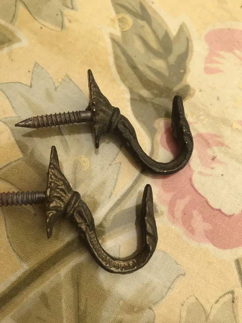 2 Vintage French Hooks Antique Brass Drapery Curtain Holdback Towel Wall