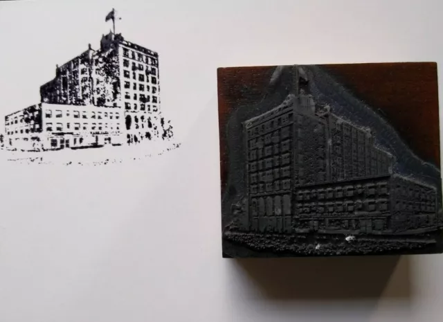 Vintage Metal Wood Old Printers Stamp Plate Building Atlantic City New Jersey