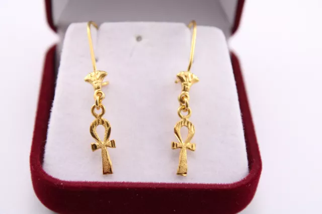 Egyptian Handmade Ankh Cross Key of Life Earring  18K Yellow Gold 2.2 Gr