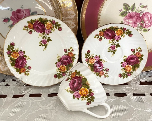 Vintage Crown Staffordshire Fine Bone China England Rose Pattern Trio C1930'S+