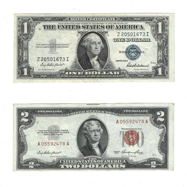1935F $1 Silver Certificate Z 20501673 I 1953 $2 Red Seal A 05592478 A Lot J9