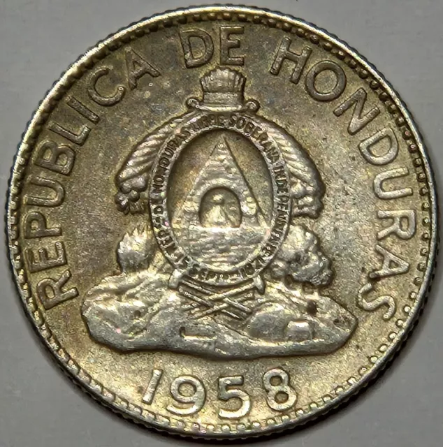 1958 Honduras 20 Centavos Km-73 Old South American Toned Silver Coin