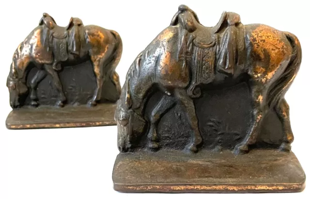 SET 2/Antique 1920 Cast Iron Bronze Verona Riding HORSES Sculptures/Paperweights