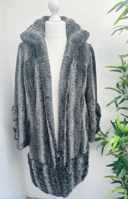 ANNA SUI Grey Textured Faux Fur Coat Mid Length Size 2 Small UK10 Fully Lined