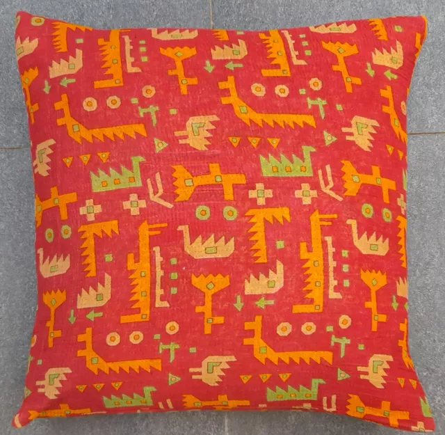 Indian Ethnic Cotton Red Floral Pillow Case Handmade Kantha Cushion Cover 24"