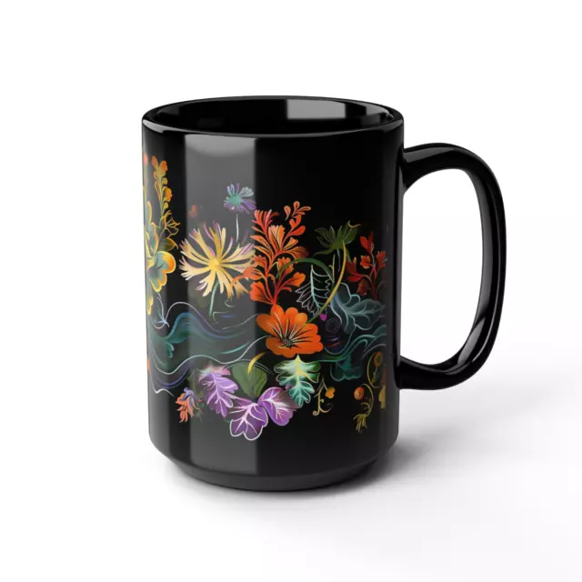 Rainbow Flowers Coffee Mug, 11oz 15oz, Floral Black Ceramic Mug, Hot Tea Cup