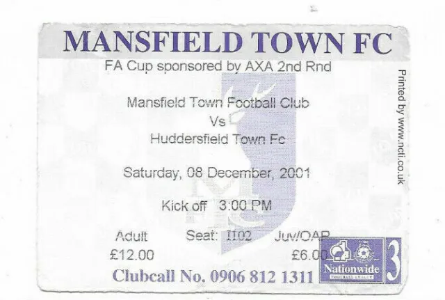 Ticket 2001/02 FA Cup 2nd Round - MANSFIELD TOWN v. HUDDERSFIELD TOWN