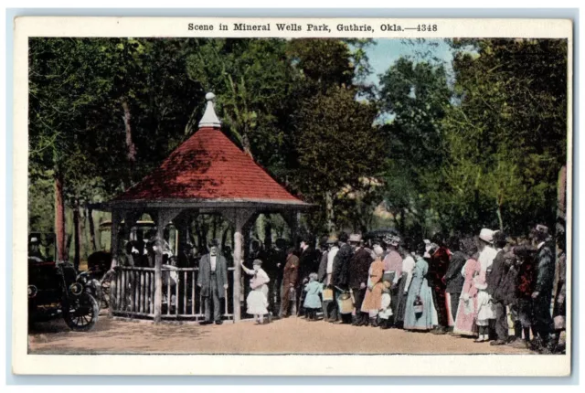 c1920 Scene Mineral Wells Park Crowd Line Classic Car Guthrie Oklahoma Postcard