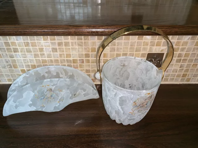 Creazioni Silvestri Arte Murano Crystal Ice Bucket W Gold Handle & Napkin Holder