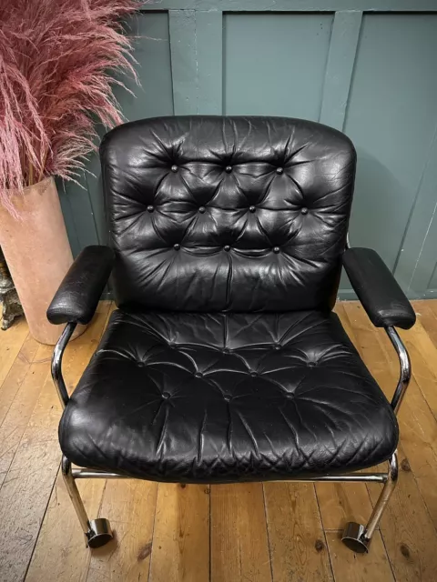 Mid-Century Vintage Retro Swedish Black Leather Chrome Lounge Armchair Mathsson 2