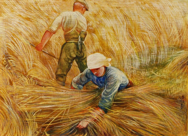 Karl Deppert 1897-1988 Pintura Al Óleo De 1933 La Kornernte Bauer Y Granjera