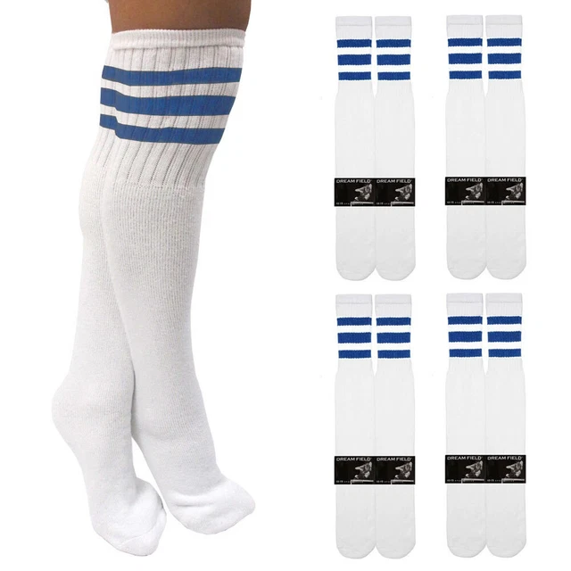 4 Paires Décontracté Hauteur Genou Blanc Tube Chaussettes Long Sport Bleu Rayure