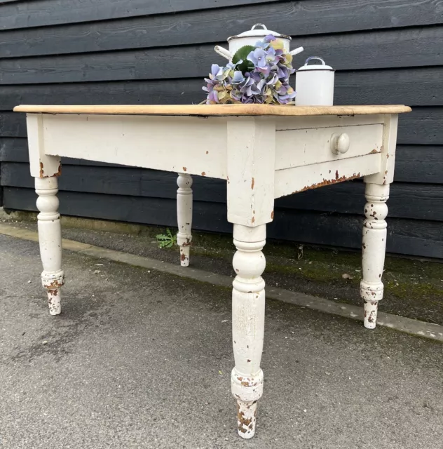 Scrubbed Top Victorian Pine Kitchen Table With Drawer
