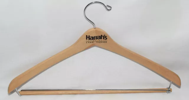 Vintage Harrahs Casino Hotel Lake Tahoe 17-inch Solid Wood Hanger with Pants Bar