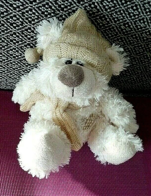 B16G / doudou peluche ours blanc bonnet laine marron beige ENESCO