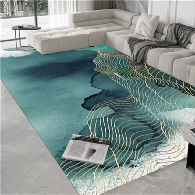 Emerald Green / Gold Abstract Wave Rug 2.3m x 1.6m Non-slip Underlay Short Pile