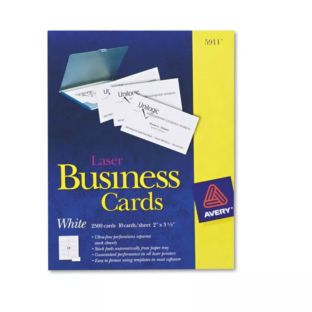 Avery Printable Microperf Business Cards Laser 2 x 3 1/2 White Uncoated 2500/Box
