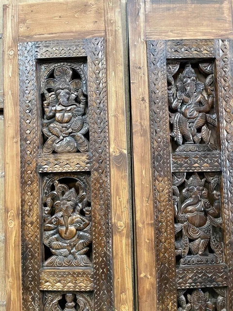 Pair Vintage Ganesha Sliding Barndoor, Carved Door, Ganesh Temple Indian Door 5