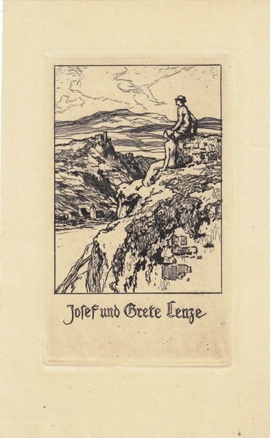 Bookstore bookplate etching Otto Ubbelohde 1867-1922 Rochers Castle Pair