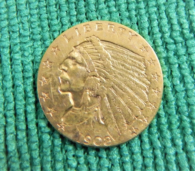 1908 US 2 1/2 Dollar Gold Quarter Eagle Coin $2.50 Indian High Grade
