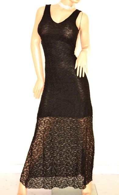 ABITO LUNGO donna NERO vestito elegante PIZZO ricamato da cerimonia da sera E120