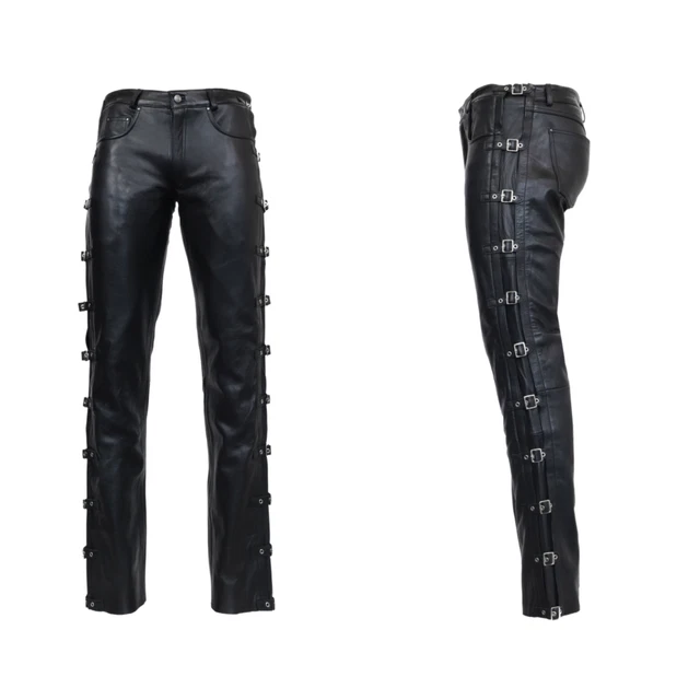 Pantaloni in pelle da uomo Pantaloni da moto in pelle di vacchetta nera con...
