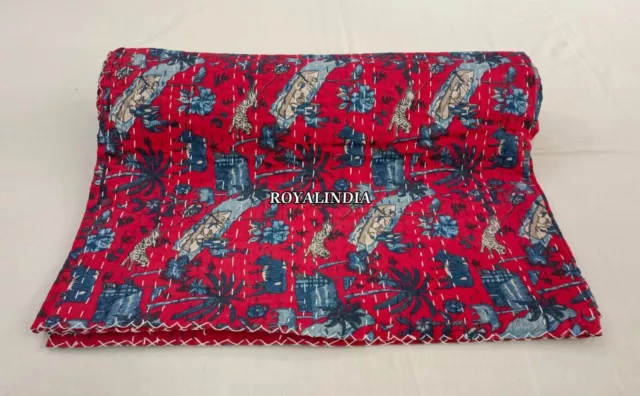 Colcha con estampado de animales rojos de algodón indio, manta, colcha Kantha