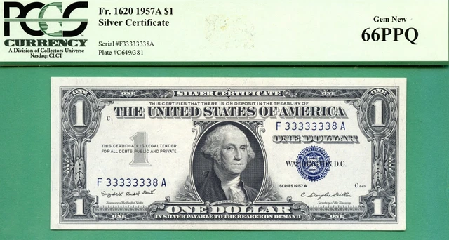 NEAR SOLID SERIAL F 33333338 A - 1957A $1 SC - PCGS GEM 66 PPQ - Fr 1620