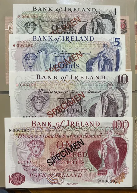 Bank of Ireland Specimen Banknotes. 1, 5, 10, 100 Pounds. UNC 1978