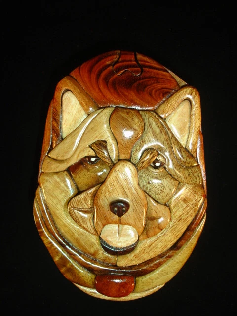 Hand crafted 3D Intarsia Wood Art NORWEGIAN ELKHOUND Dog Puzzle Wooden Box
