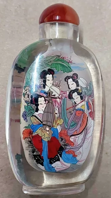 Snuff Bottle Reverse HANDPAINTED Vintage Chinese Geisha Rock Crystal Agate Glass